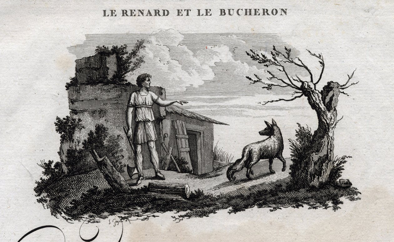 Räven och skogsmannen. Fabel av Esope. (Grekisk författare Esopo eller Ecopus, 600-talet f.Kr.) Skriven av Guillaume Montfort och Gravees av Beauble 1801. av French School
