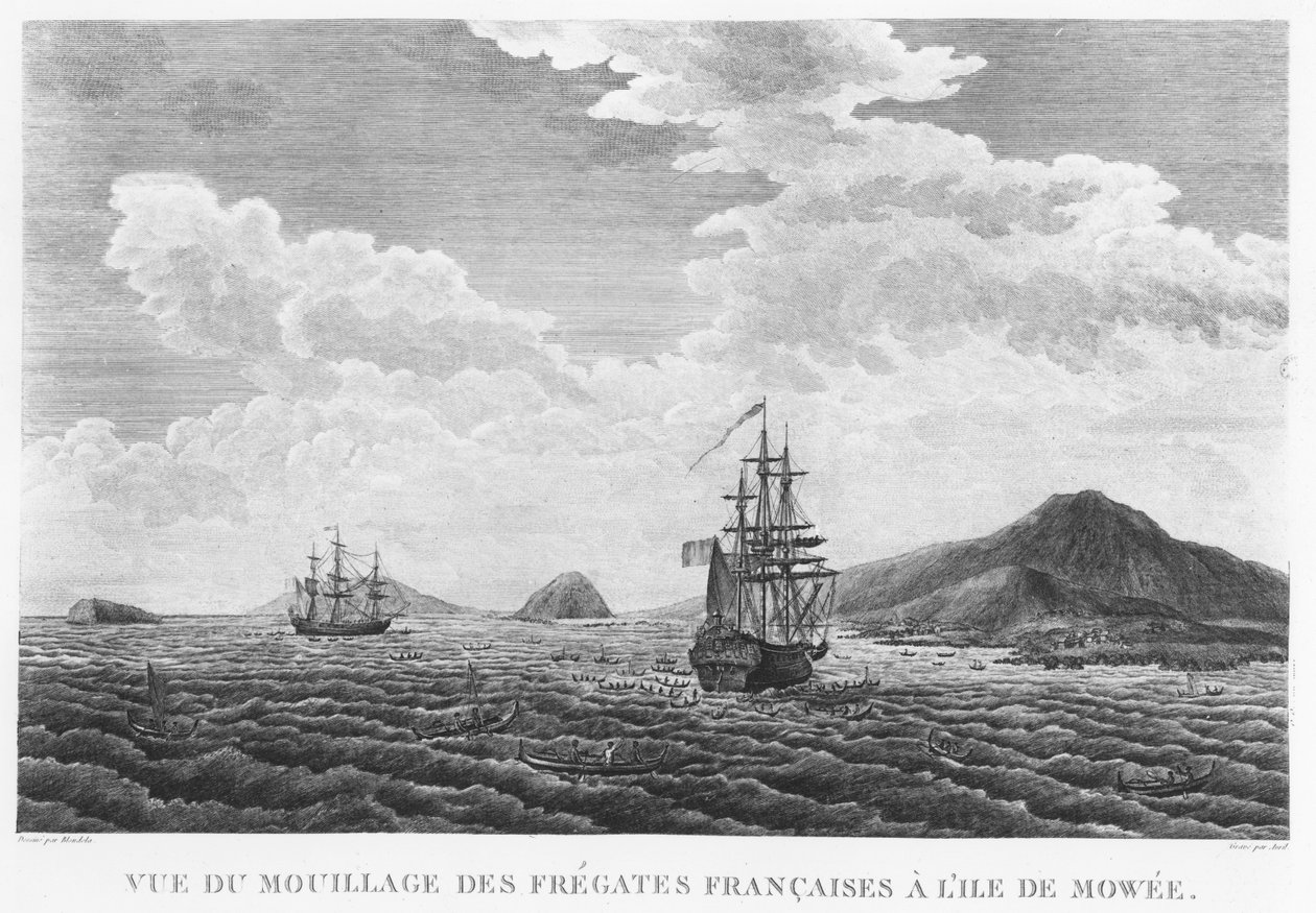La Perouses fregatter på ön Maui (gravyr) av French School