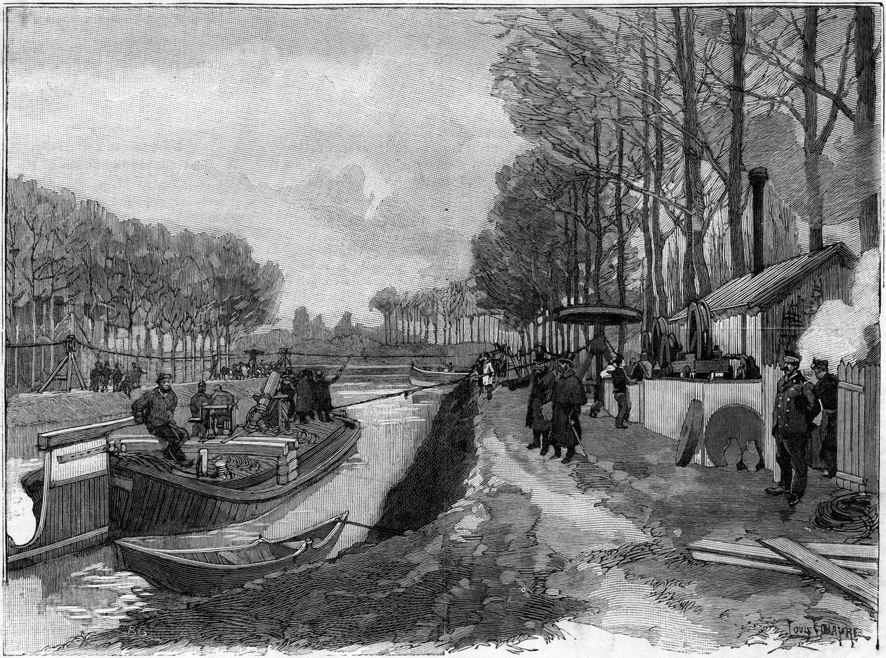 Bergbanan av båtar på kanalerna i Joinville le Pont, efter Maurice Levy-systemet. av French School