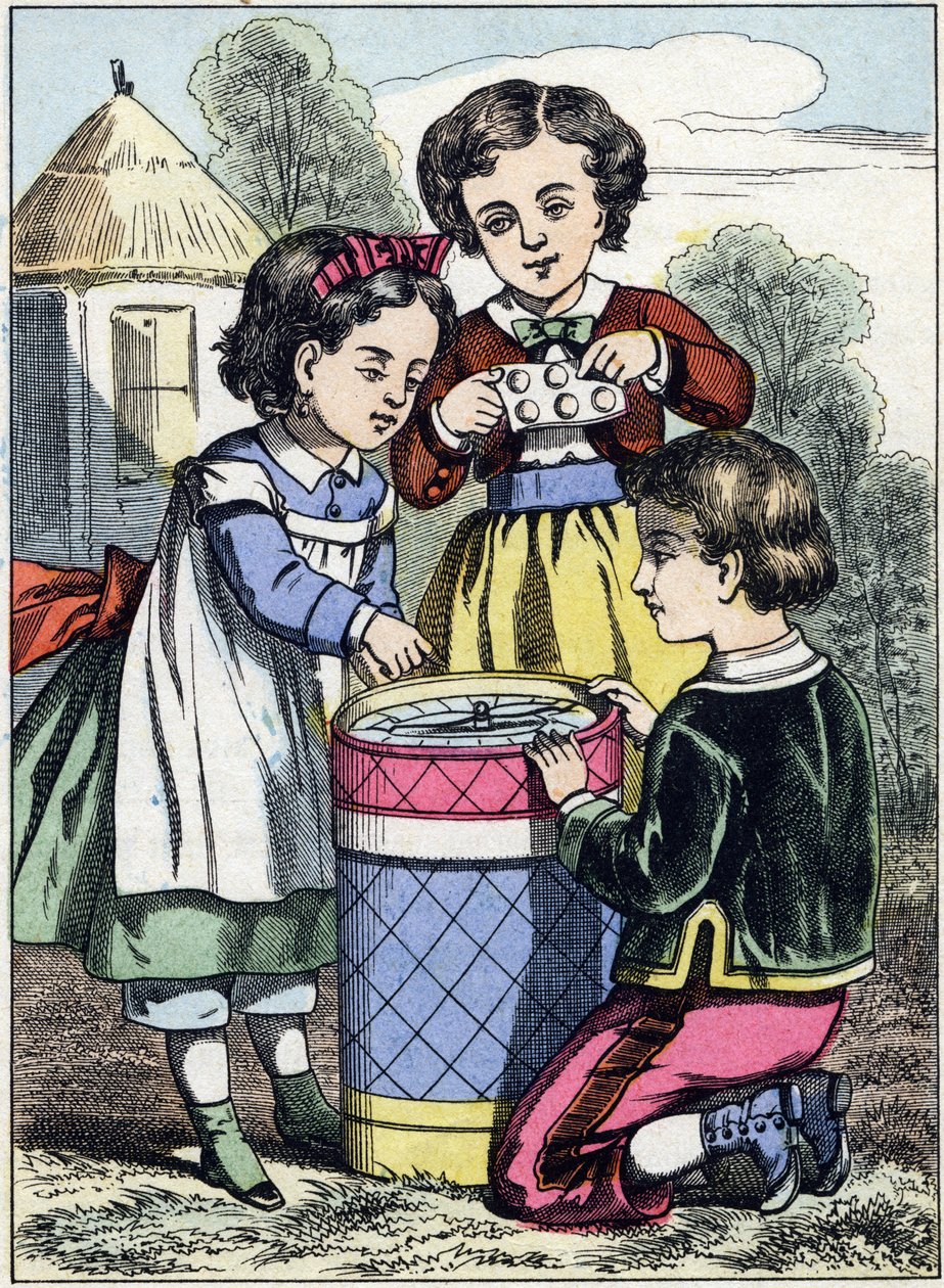 Spelet av macaroons. Gravyr från bildalbumet "The games of childhood". Bildspråk av Epinal, sent 1800-tal. 32 sidor. Mått: 20x14cm av French School