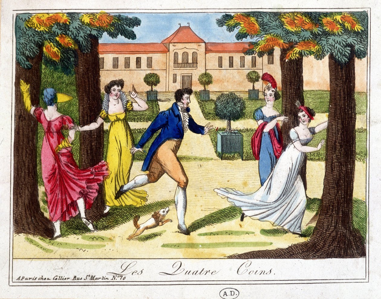 Spelet om de fyra hörnorna. Gravyr tidigt 1800-tal. av French School