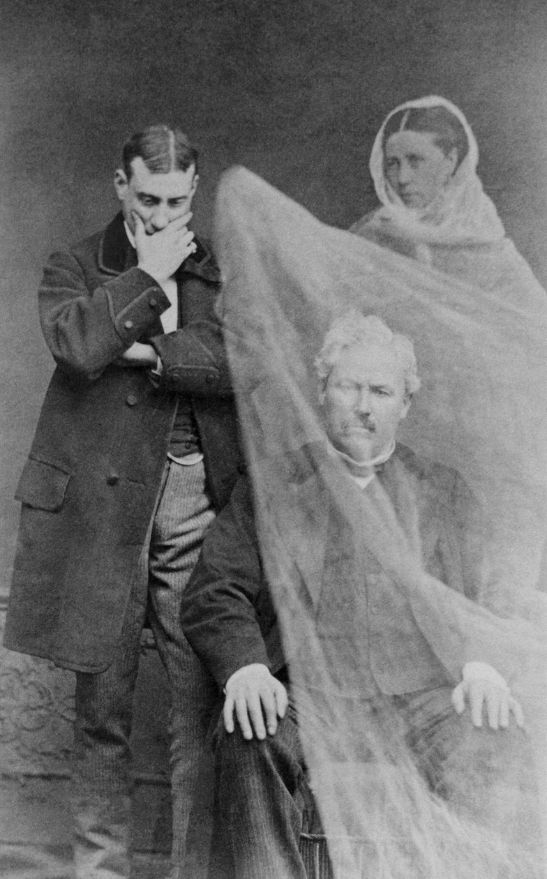 En mans hustrus spöke dyker upp framför honom, ca 1870 av French School