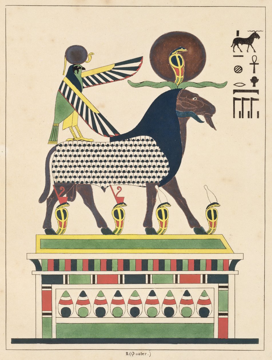 Guden Amon-Ra, illustration från Egyptian Pantheon: samling mytologiska karaktärer från det antika Egypten av Jean-Francois Champollion, publicerad ca 1986 av French School