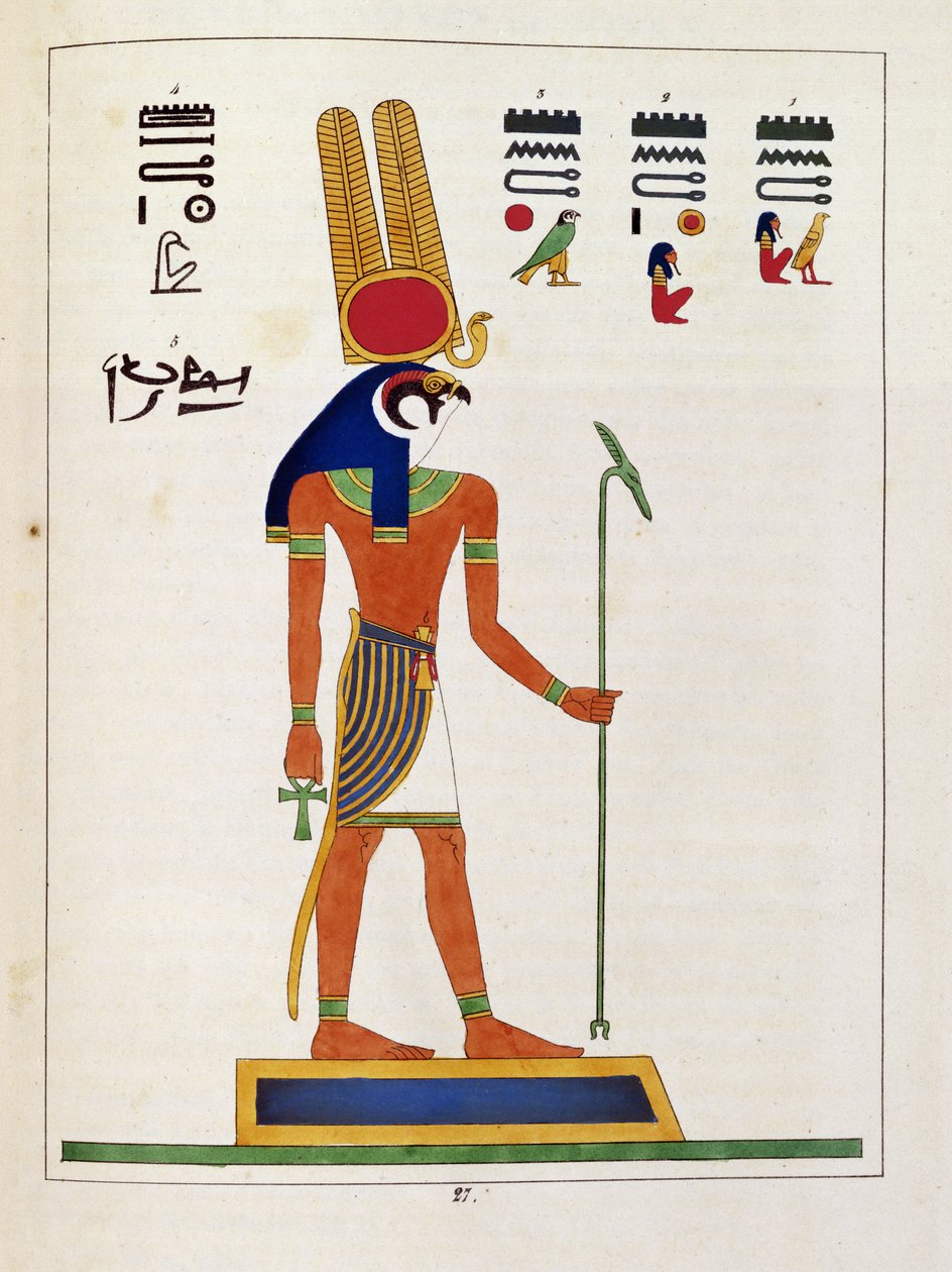 Guden Mandou, illustration från Pantheon egyptien: samling mytologiska karaktärer från det antika Egypten av Jean-Francois Champollion, publicerad ca 1986 av French School