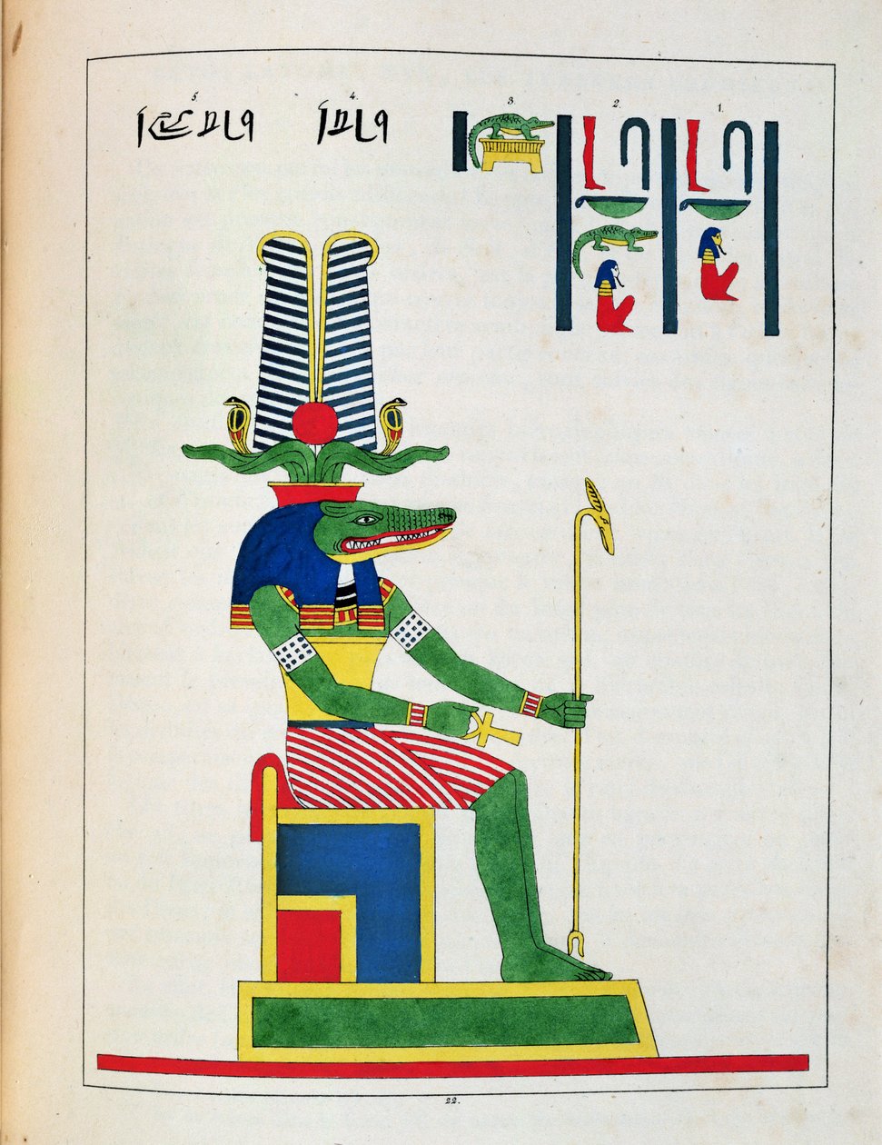 Guden Sovk, illustration från Egyptian Pantheon: samling mytologiska karaktärer från det antika Egypten av Jean-Francois Champollion, publicerad ca 1986 av French School
