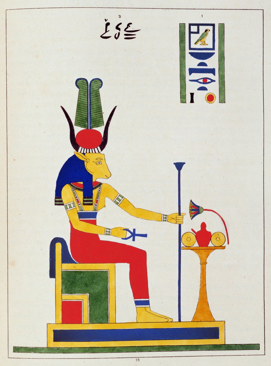 Gudinnan Hathor, illustration från Pantheon egyptien: samling mytologiska karaktärer från det antika Egypten, av Jean-Francois Champollion, publicerad ca 1986 av French School