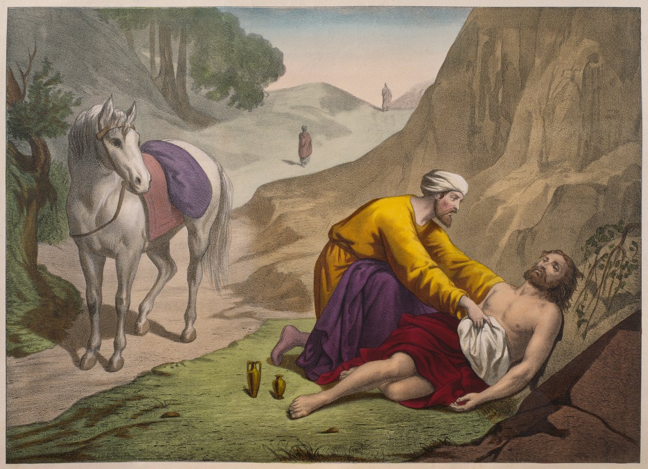 Den barmhärtige samariten, illustration från en katekes LHistoire Sainte, utgiven av Charles Delagrave, Paris, sent 1800-tal av French School