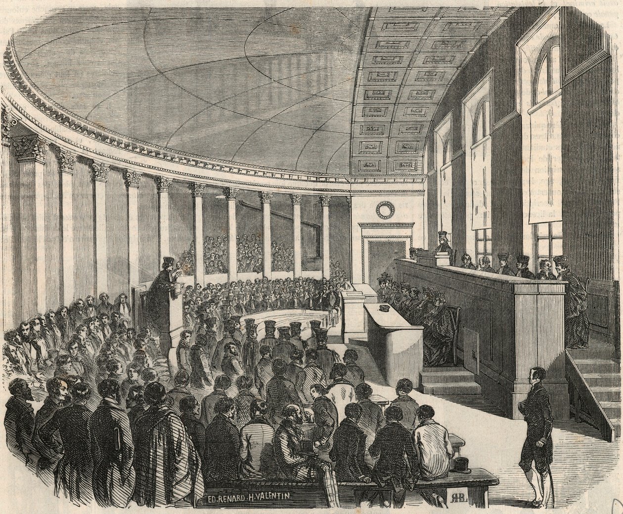 Den stora amfiteatern under en tävling vid lagskolan i Paris - Gravyr i "Tableau-de-Paris" av Edmond Texier 1852 av French School