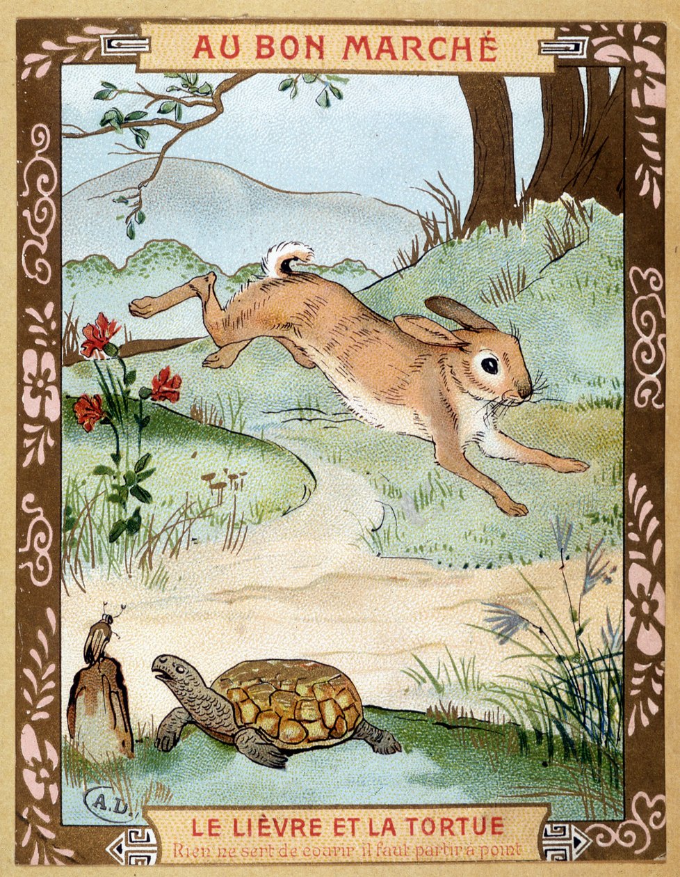 Haren och sköldpaddan (Fable de La Fontaine) - Bon Marché reklamdekal, sent 1800-tal av French School