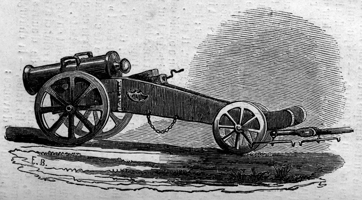 Den österrikiska arméns haubits användes under slaget vid Buffalorabron (Italien) under Risorgimento 1859. Gravyr i "" Le Monde Illustré"" nr 114 av 18 juni 1859. av French School
