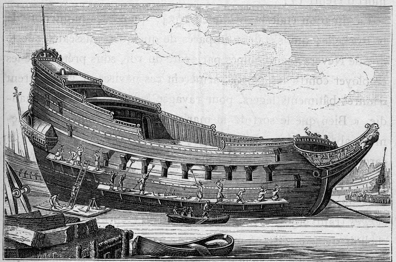 Skrovet på ett stort fartyg på 1600-talet. Gravyr i "La Marine et les colonies: handel" av French School