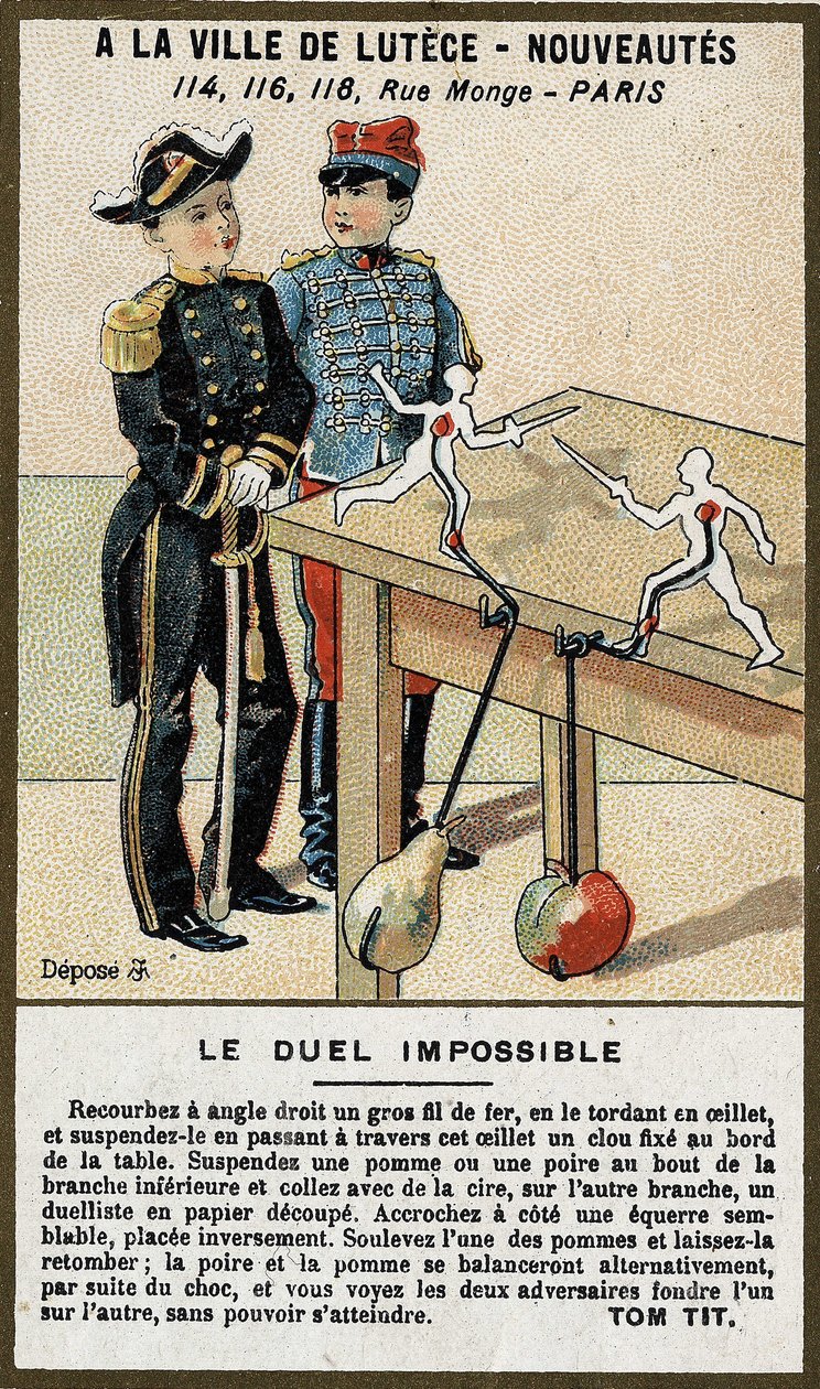Den omöjliga duellen: barnkort som förklarar ett spel att bygga själv. Kromolitografi av 1800-talet. av French School