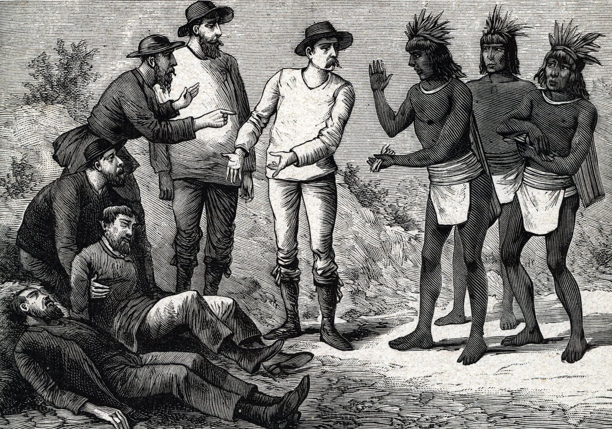 Invånarna i Peru hjälper de koloniala européerna som lider av malaria med Cinchona (gravyr) 1888 av French School