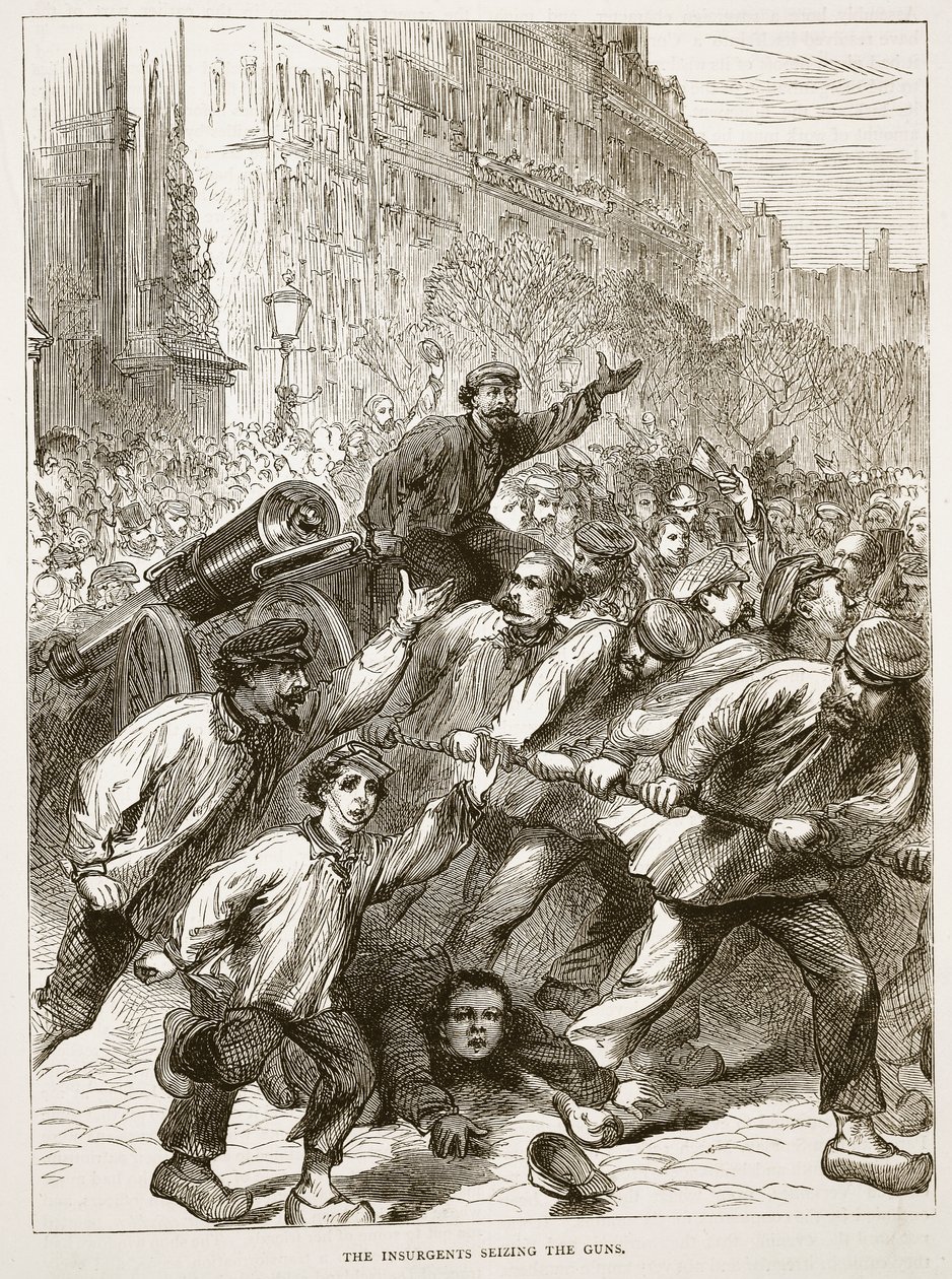 Upprorsmännen som beslagtar vapnen, mars 1871, illustration från Cassells historia om kriget mellan Frankrike och Tyskland, 1870-1871 av French School