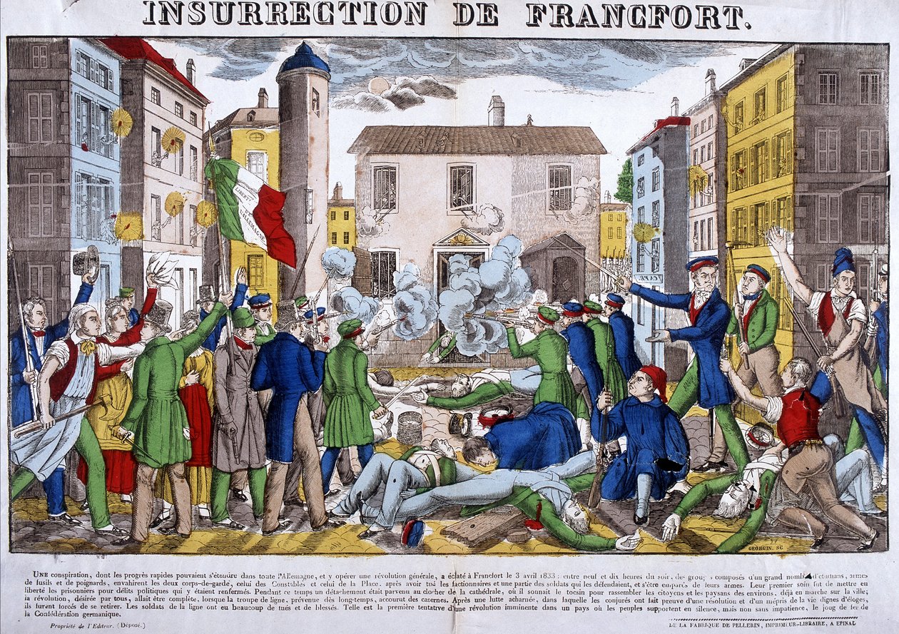 Upproret i Frankfurt den 3 april 1833, Tyska förbundets huvudstad. Bild på Epinal av French School
