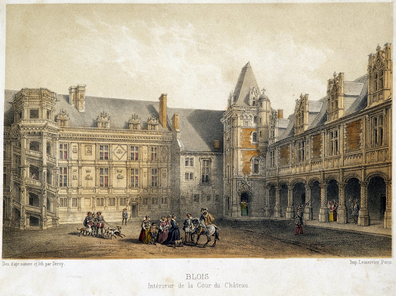 Interiören på borggården i slottet Blois under Francois 1:s tid (1500-talet) - litografi av French School