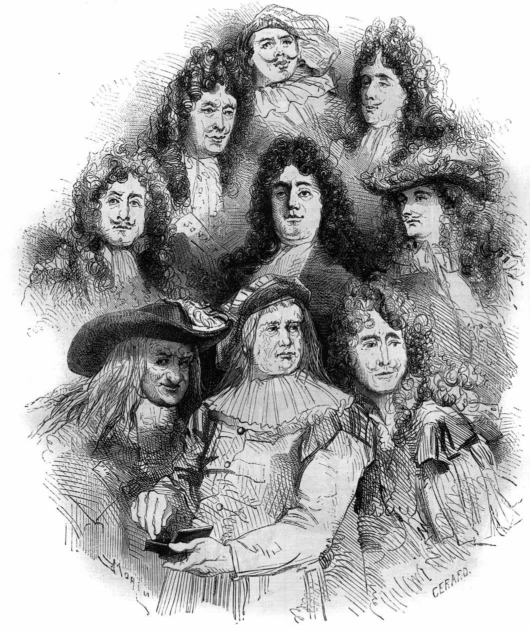 Tolkarna av Moliere vid Comedie Francaise 1862-1863. Från botten till toppen: Provost (Arnolphe), Joseph Samson (1893-1871) (Sganarelle), Geffroy (Clitandre), Bressant (Don Juan), Edmond Got (1822-1901) (Trissolin), Louis Delaunay (1826-1903) (Hor av French School