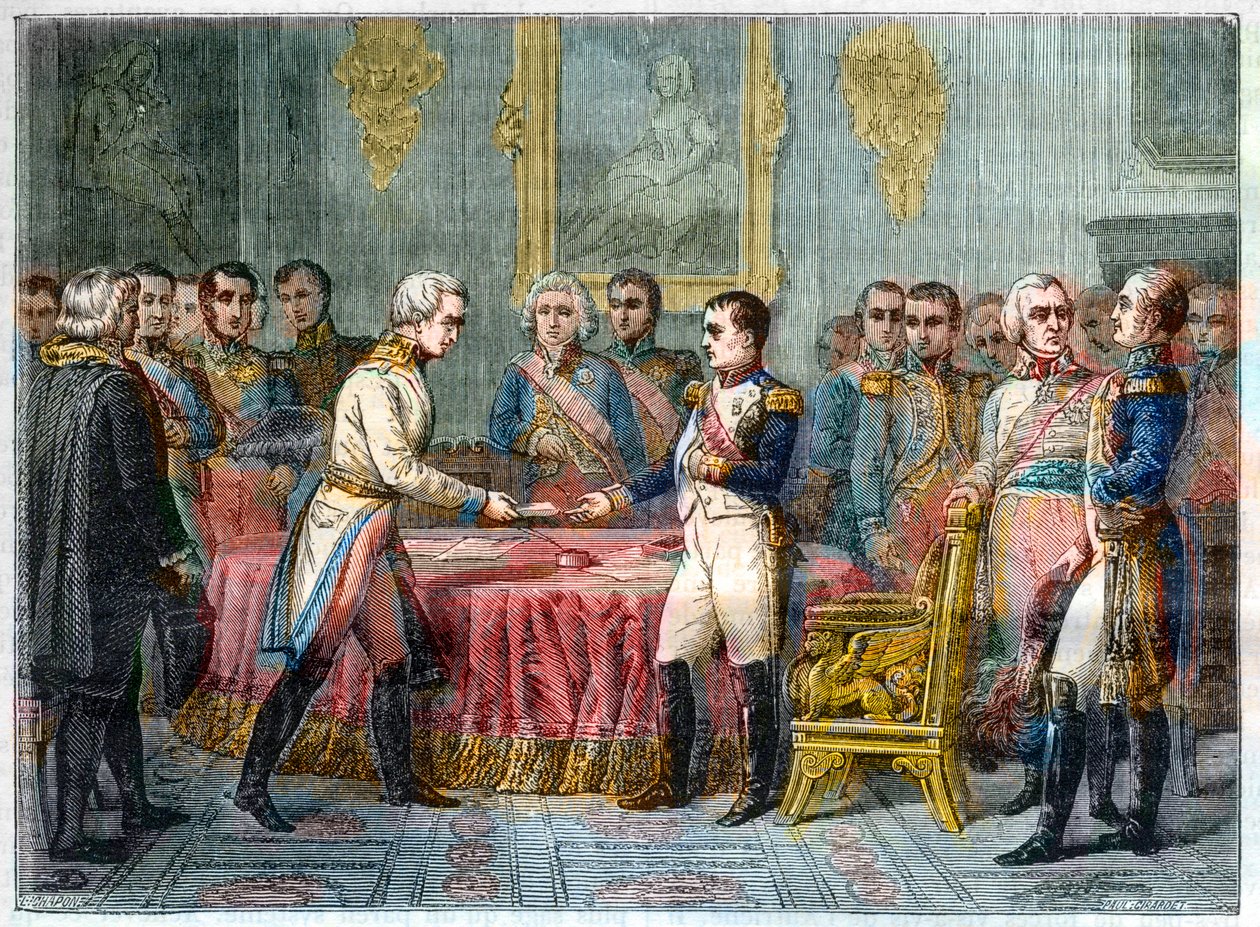 Intervjun av Erfurt, 27 september - 14 oktober 1808 - Napoleon I tar emot Baron Vincent, österrikisk diplomat och sändebud för kejsaren av Österrike till höger Alexander I av Ryssland (1777-1825) - Prinsförsamlingen i Erfurt den 27 september 1808 ( Napoleo av French School