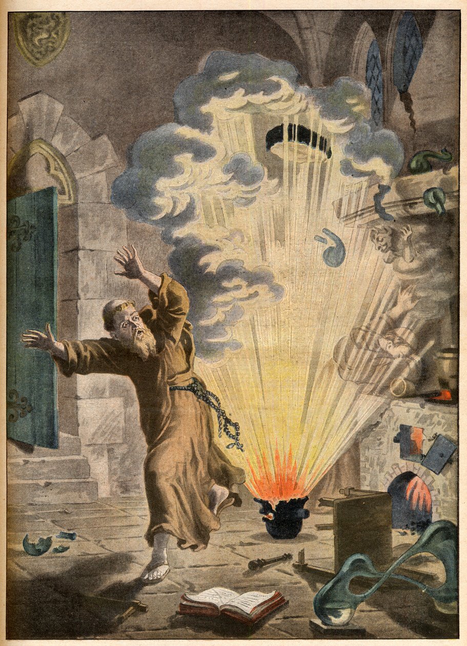 Uppfinningen av krut av den tyske munken och alkemisten Berthold Schwartz (ca 1318-1384) - Illustrerande uppfinningar. Pulvret. Illustration för Le petit Journal, 27 januari 1901. av French School
