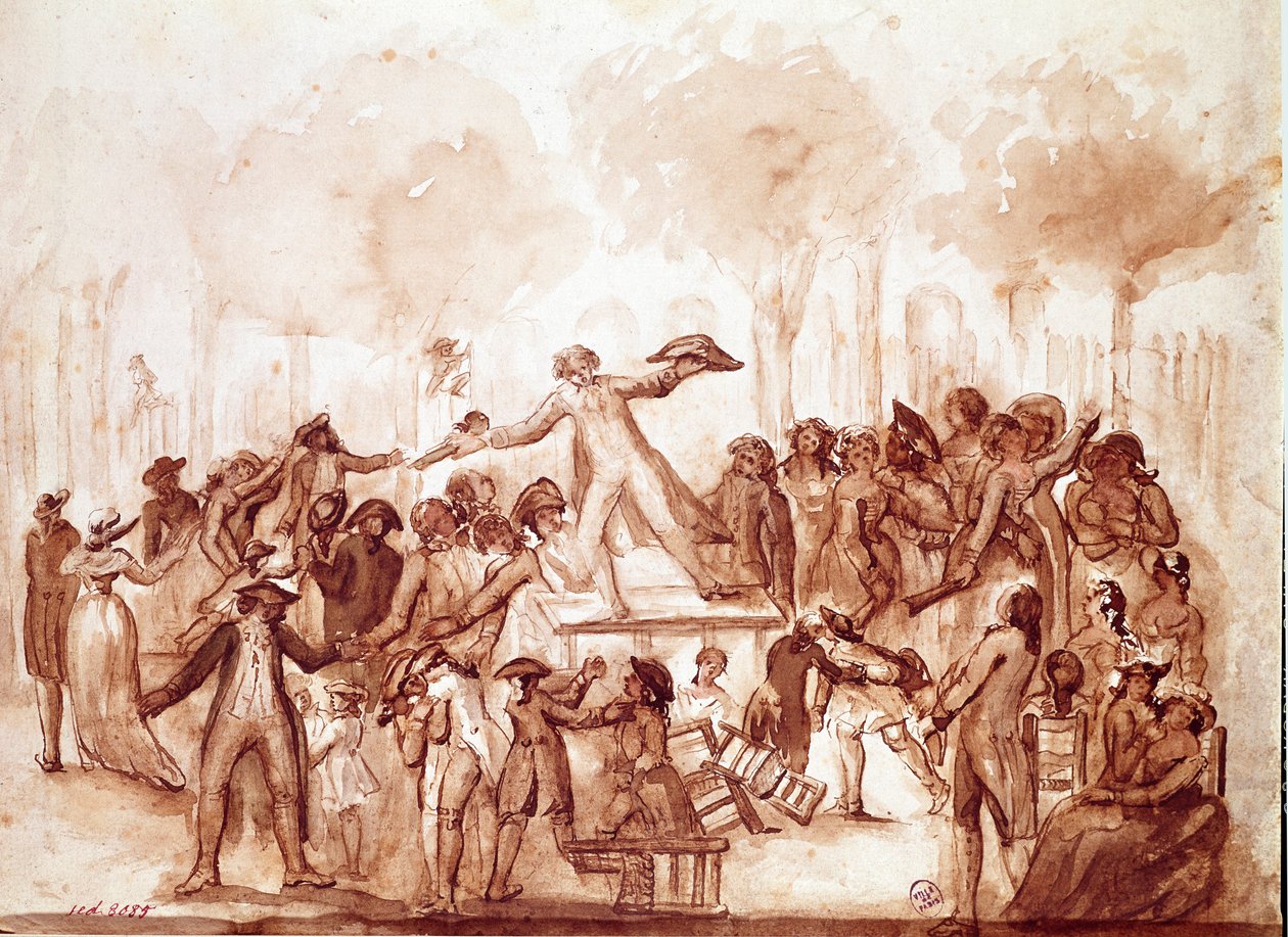 Journalisten Camille Desmoulins (1760-1794) trakasserade patrioterna i det kungliga slottets trädgårdar”” Första scenen av den franska revolutionen i Paris, 12 juli av French School