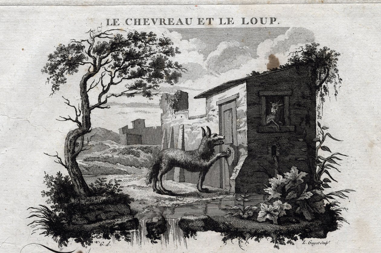 Ungen och vargen. Fabel av Esope. (Grekisk författare Esopo eller Ecopus, 600-talet f.Kr.) Skriven av Guillaume Montfort och Gravees av Beauble 1801. av French School