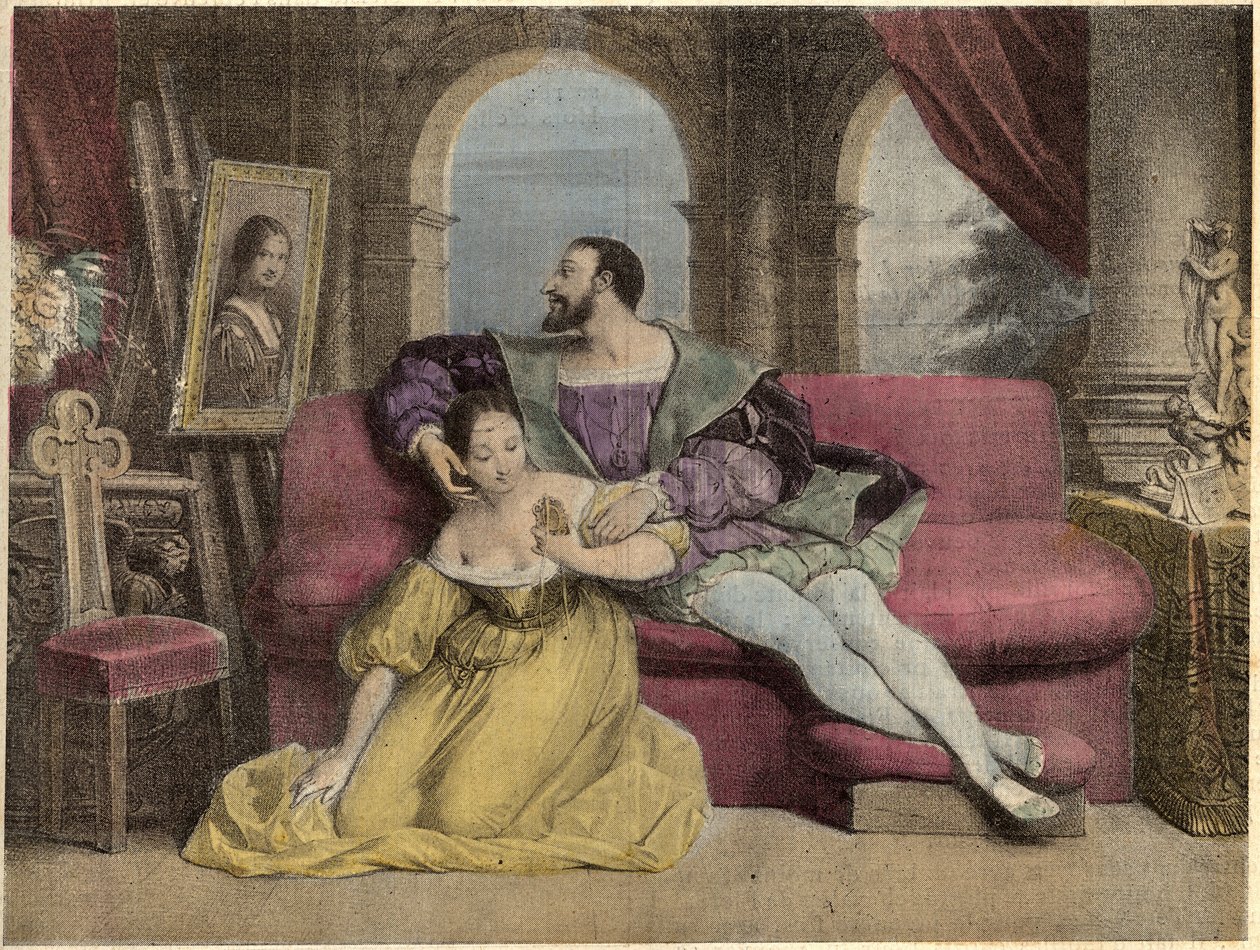 Frankrikes kung Francois I (1494-1547) och det vackra järnverket. Litografi av Daveria från 1838 i ""Laghs Et Galanterie"". Weekly Collection of Galantes Images på regi av John Grand-Carteret. 1903-1904. av French School
