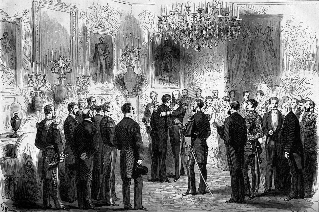 Sveriges kung Oscar II (1829-1907) tog emot upptäcktsresande Nils Adolf Erik (Eric) friherre Nordenskjold (Nordenskiold) (1832-1901) och löjtnant Palander på Kungliga slottet i Stockholm. År 1878 gick Nordenskjold från Atlanten till Stilla havet av French School