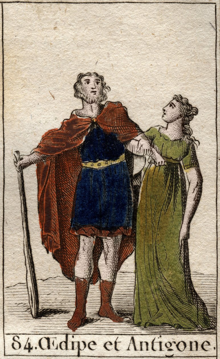 Kungen av Thebe Oidipus med sin dotter Antigone Från "Mythologie de la jeunesse" av Pierre Blanchard 1803. av French School