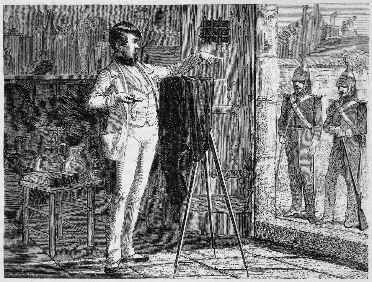 Niepce de Saint-Victors laboratorium, i polisrummet i den kommunala vaktkasernen i faubourg Saint-Martin, 1848 - i "Vetenskapens underverk" av Louis Figuier av French School