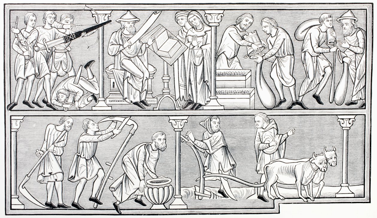 Krigets, vetenskapens, handelns och jordbrukets arbete, efter en miniatyr i en psalter från 1200-talet, från Les Arts au Moyen Age, publicerad 1873 av French School