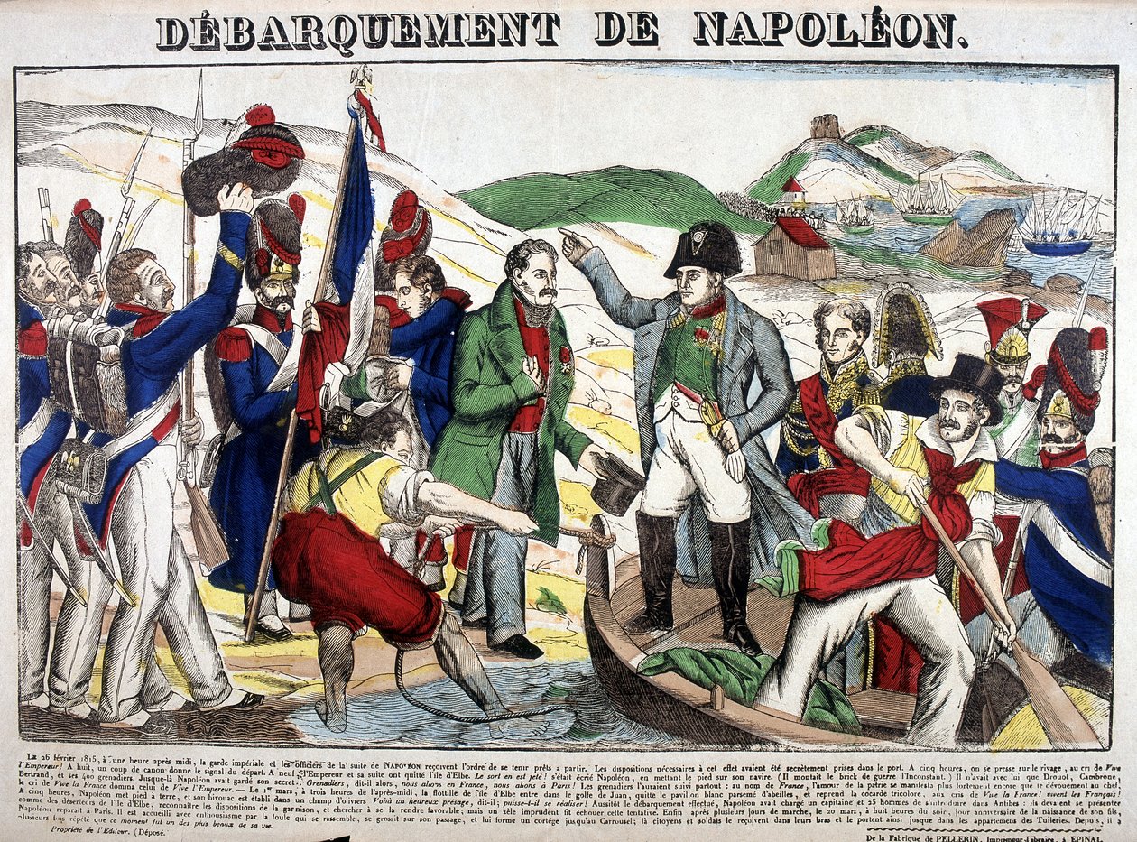 Landningen i Juan-bukten: Napoleon I återvände till Frankrike den 1 mars 1815 efter exilperioden på ön Elba. Bild på Epinal av French School