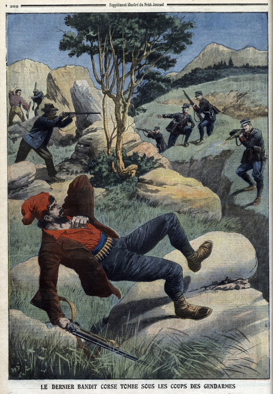 Den siste korsikanska banditen faller under gendarmernas slag: ”Le Petit Journal” den 5 december 1909 (gravyr) av French School