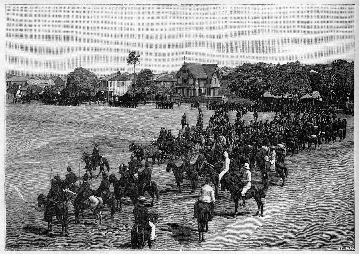 Den sista recensionen av president Etienne Felicite Salomon (1820-1888) i Port au Prince, Haiti. av French School