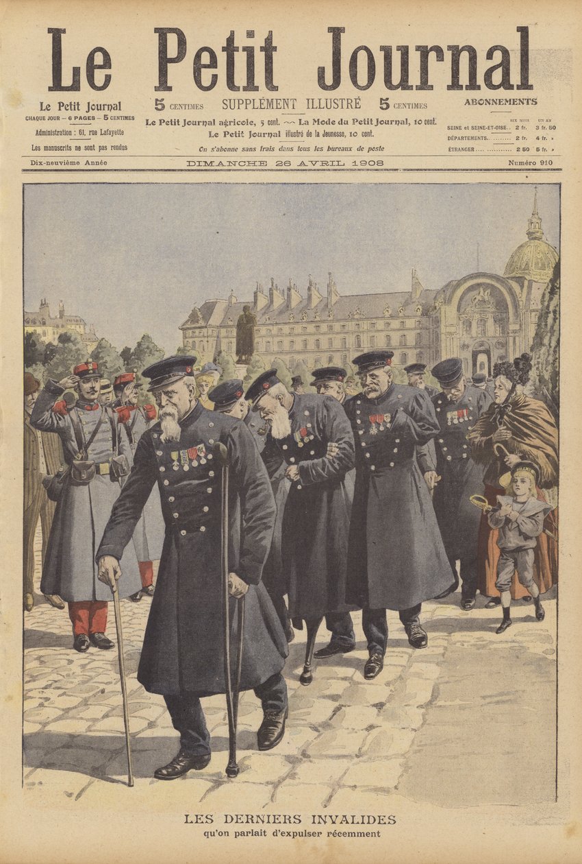 De sista krigsveteranerna från Hotel des Invalides, Paris (färglitografi) av French School