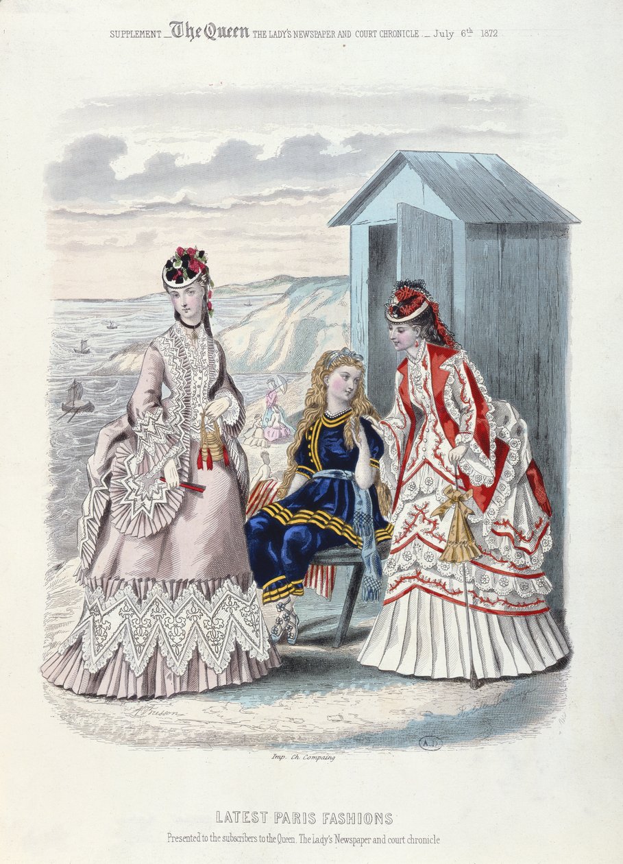 Det senaste modet i Paris för stranden och simningen, 1872 (färggravyr) av French School