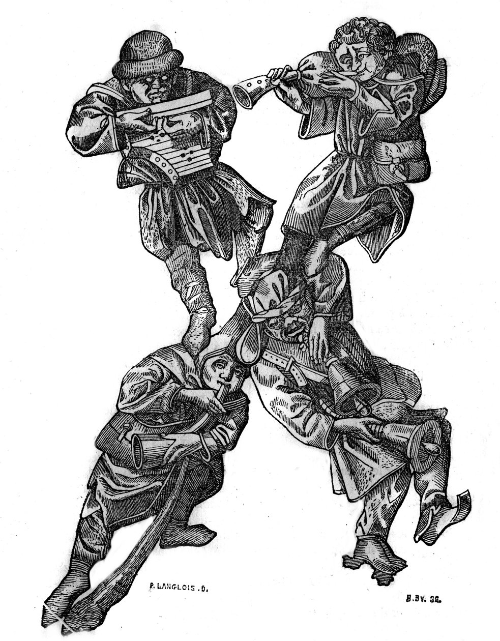 Bokstaven X i det groteska alfabetet består av fyra musikaliska karaktärer, gjorda 1466. I "" Den pittoreska butiken"" 1836 av French School
