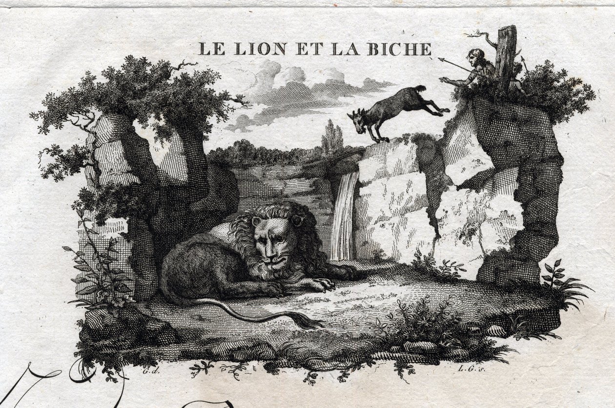 Lejonet och rådjuret. Fabel av Esope. (Grekisk författare Esopo eller Ecopus, 600-talet f.Kr.) Skriven av Guillaume Montfort och Gravees av Beauble 1801. av French School