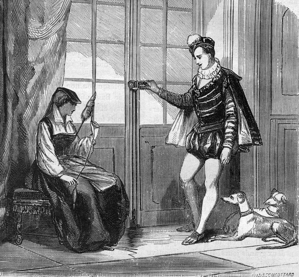 Kärleken till kung Henrik II (1519-1559) och till en ung italiensk Filippa Duco. Gravyr i "Prostitutionens och utsvävningens historia bland alla världens folk från antiken till våra dagar" av Dr Th. -F. Debray. 1879. av French School