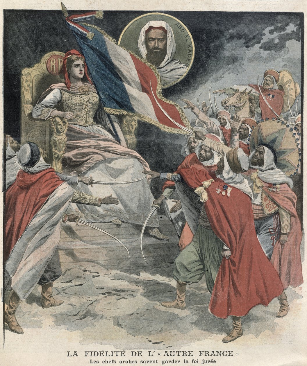 Algeriska arabhövdingars lojalitet till Frankrike, omslag till le Petit Journal, 15 december 1907 av French School