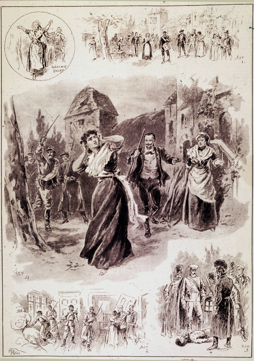 Huvudillustrationen skildrar scenen: ”En tår hördes, separata slag följde. Francoise, upprörd av en darrning, hade burit händerna till öronen.”” för ”L