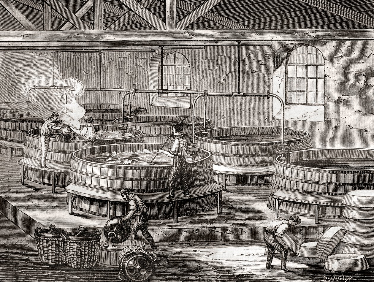 Tillverkning av tvål i stora tankar på 1800-talet, från "Les Merveilles de la Science", publicerad ca 1870 (gravyr) av French School