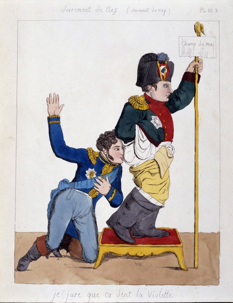 Marechalen Michel Ney (1769-1815) sniffar rumpan på Napoleon 1:a: ”Jag svär att det luktar viol””, sd v.1810. av French School