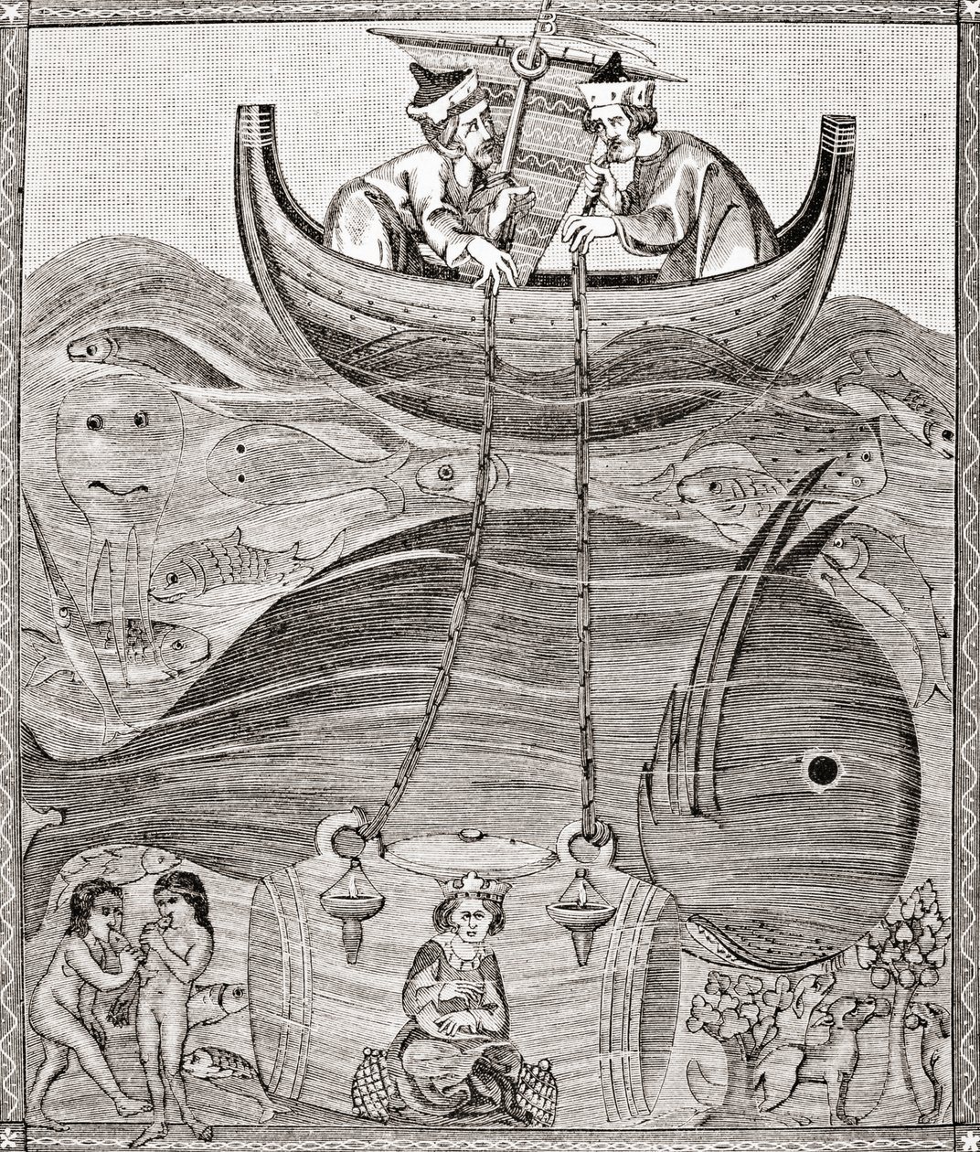 Den marina världen enligt medeltidens föreställningar, från Science and Literature in The Middle Ages av Paul Lacroix pub. London 1878 av French School