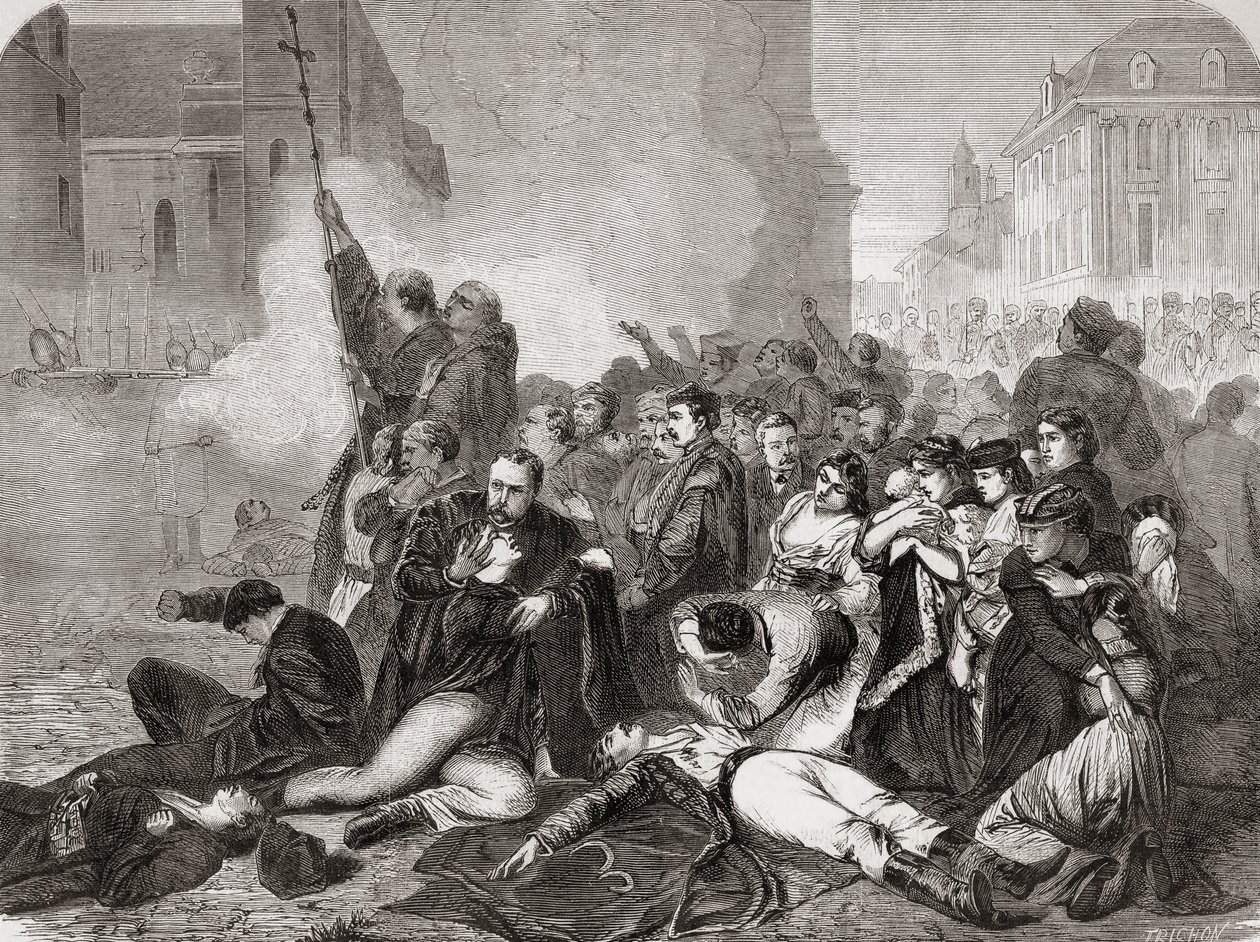 Massakern på civila på Slottstorget, Warszawa, den 8 april 1861 av ryskt infanteri och kavalleri, från "L"Univers Illustré", 1866 av French School