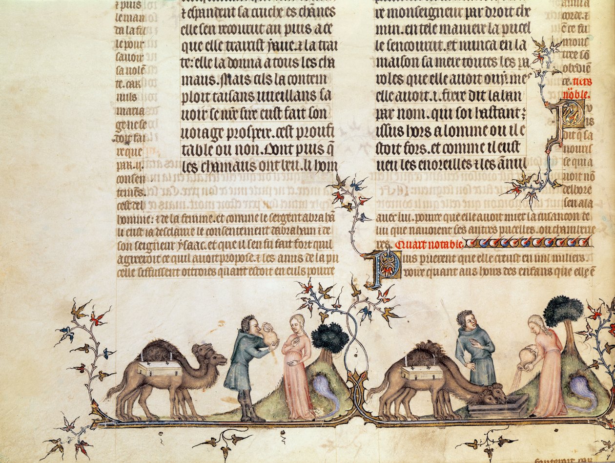 Eliezers och Rebeccas möte vid brunnen, från The Bible of Jean de Sy, c.1355 av French School