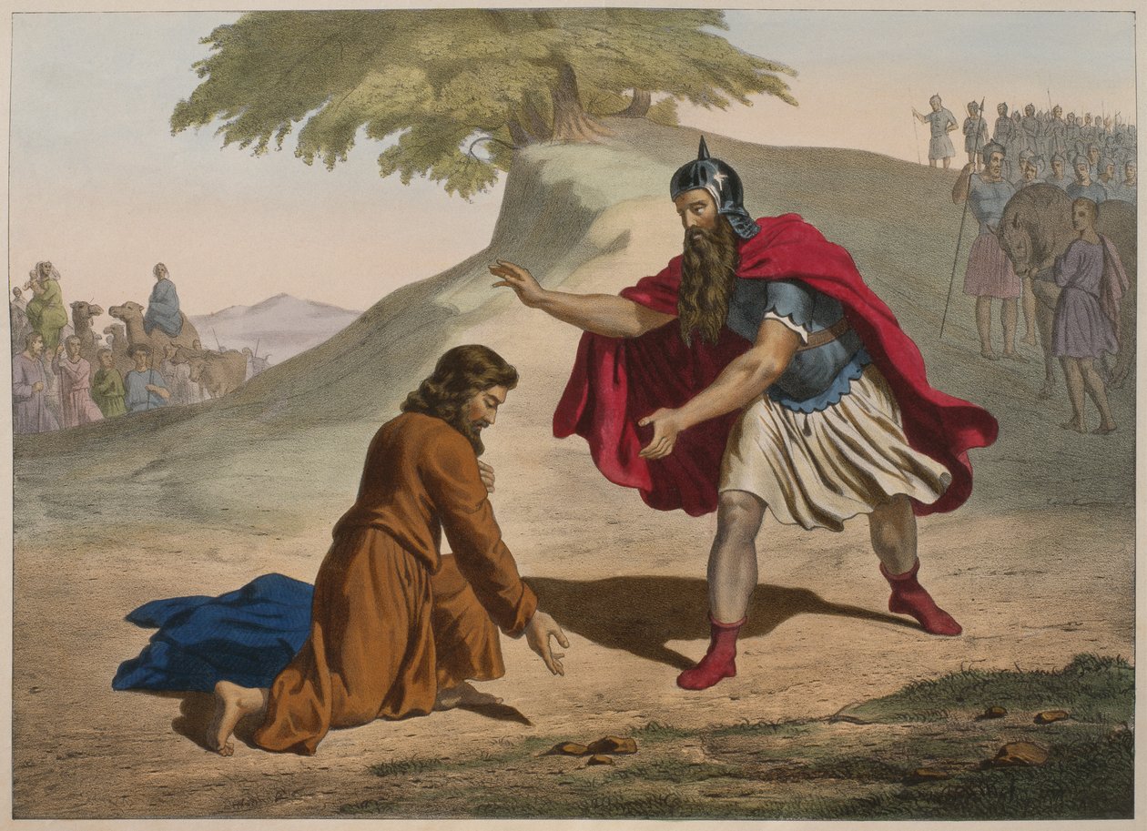 Mötet mellan Jakob och Esau, illustration från en katekes LHistoire Sainte, publicerad av Charles Delagrave, Paris, sent 1800-tal av French School