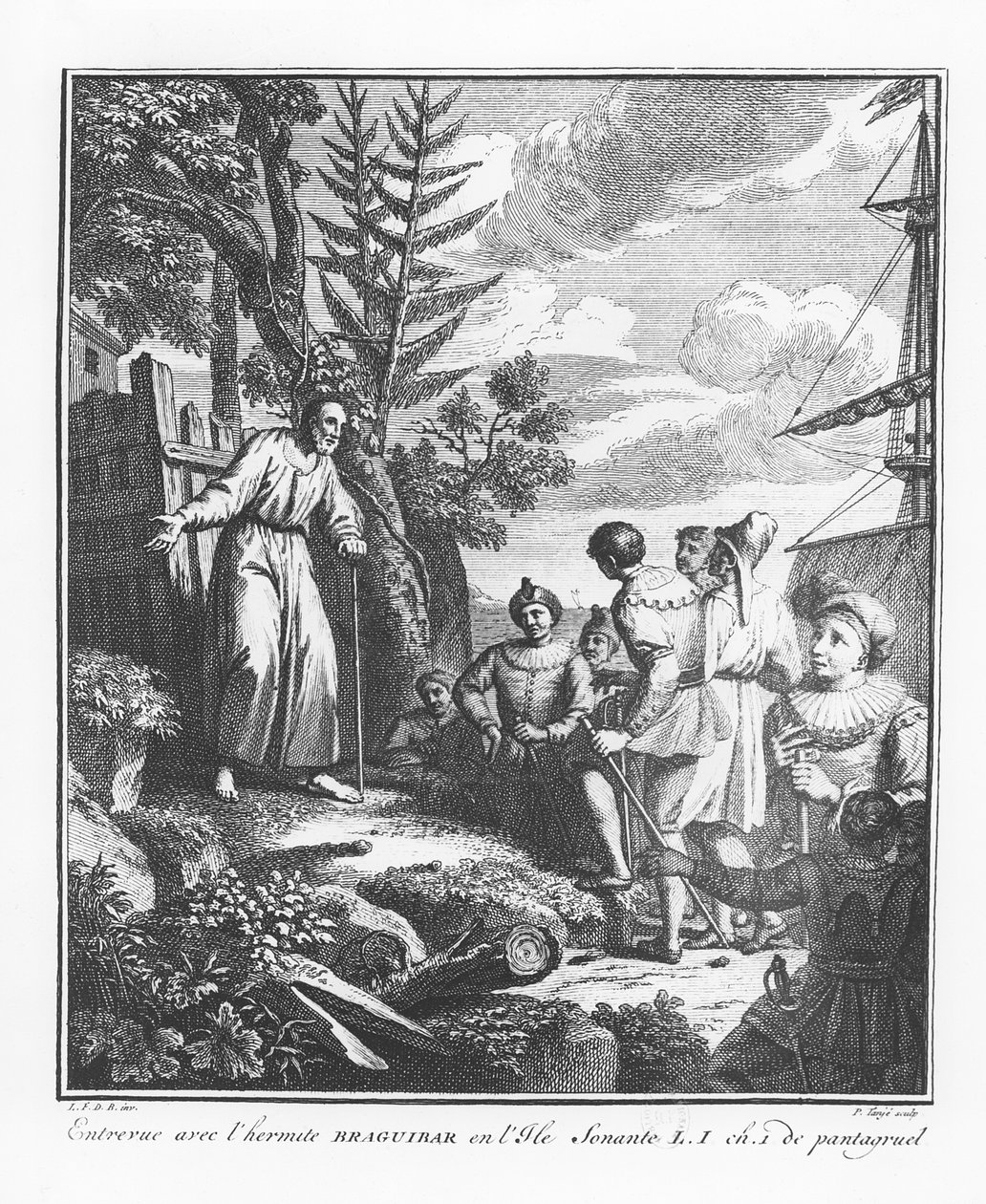 Mötet med Braguibar på ön Sonante, illustration från "The Life of Gargantua and Pantagruel", av François Rabelais av French School