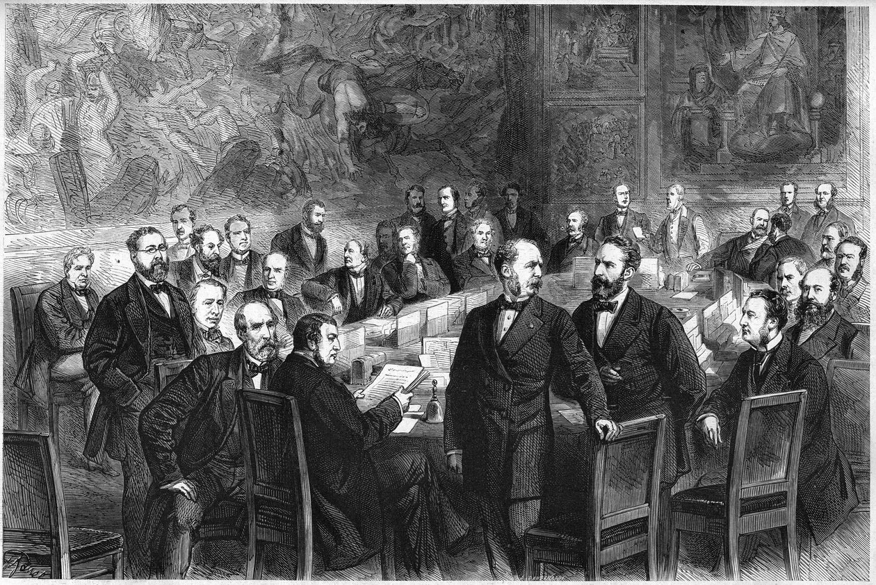 Ledamöterna i "Commission des Trento" (kommittén för den franska nationalförsamlingen under den tredje republiken som ansvarar för att lägga fram konstitutionella förslag): Jules Armand (Jules-Armand) Dufaure, Felix de Tarteron, Louis Grivart, Lucien Brun, av French School