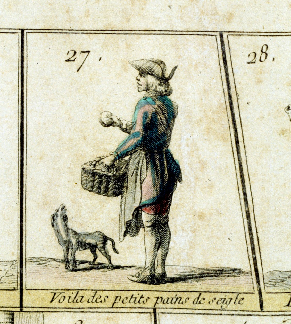 Handelsmannen med rågrullar Detalj av ett gåsspel från Paris skrik och gamla metiers. 1700-tal Privat samling av French School