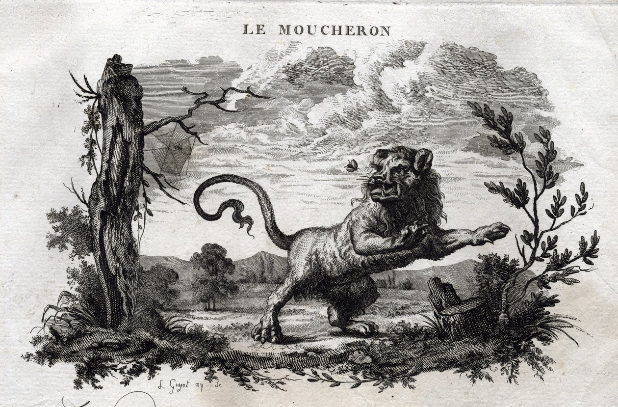 Myggorna. Fabel av Esope. (Grekisk författare Esopo eller Ecopus, 600-talet f.Kr.) Skriven av Guillaume Montfort och Gravees av Beauble 1801. av French School